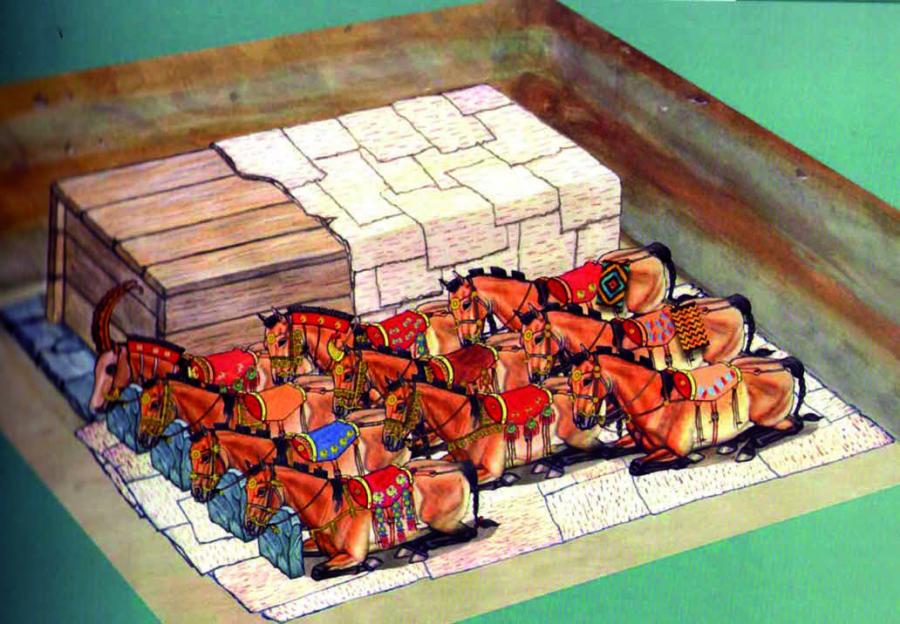 Берел, курган № 10. Раскопки ВКАЭ–2005. Вариант реконструкции элементов обряда. Автор: З. Самашев