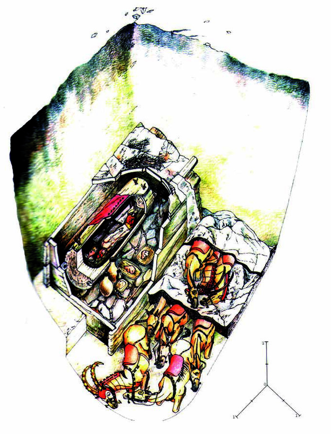 Берел, курган № 11. Раскопки ВКАЭ–1998, 1999. Вариант реконструкции. Автор: З. Самашев, художник Д. Джанабаев