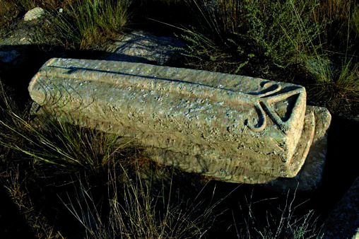 Sisem ata. An archaic gravestone of the XVII–XVIII centuries with a relief image of a tool for tamging cattle – dak. Photo by S.E. Azhigali, 2012