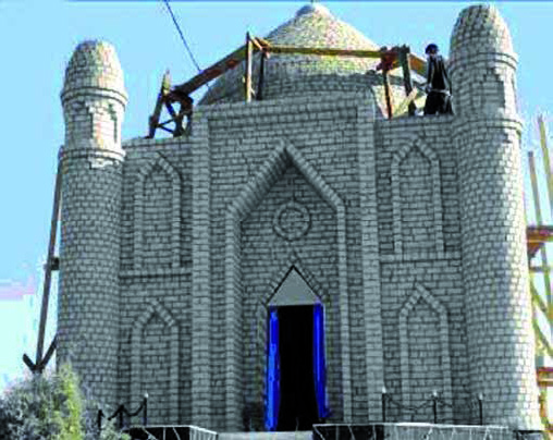 Construction of the mausoleum of Zholbarys batyr. Photo provided by the Department of Culture, Archives and Documentation of the Almaty region.